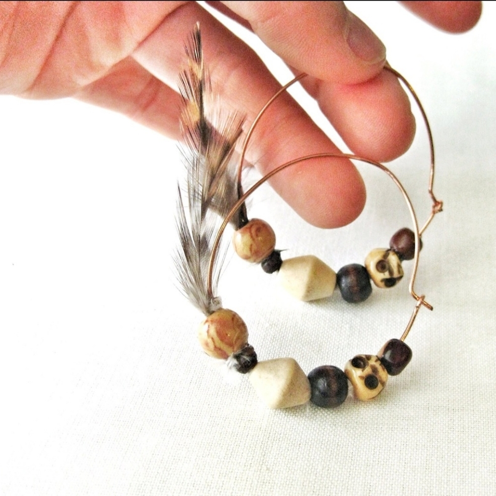 Bone Feather and Wood Copper Hoop Earrings